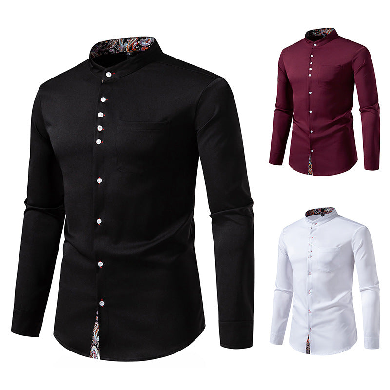 Herren Langarm Hemd mit modernem Stehkragen und Paisleymuster EB