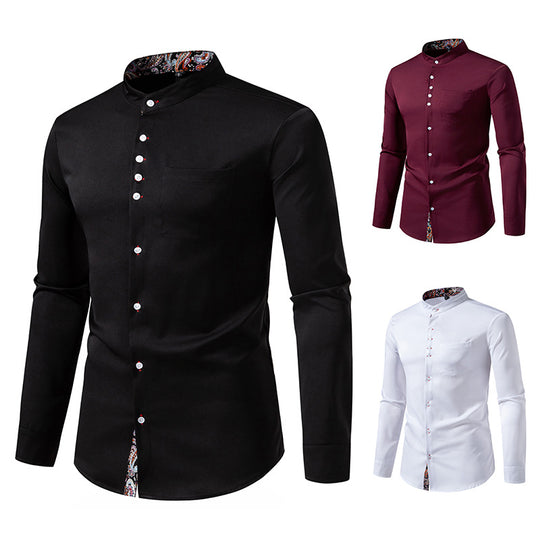 Herren Langarm Hemd mit modernem Stehkragen und Paisleymuster EB