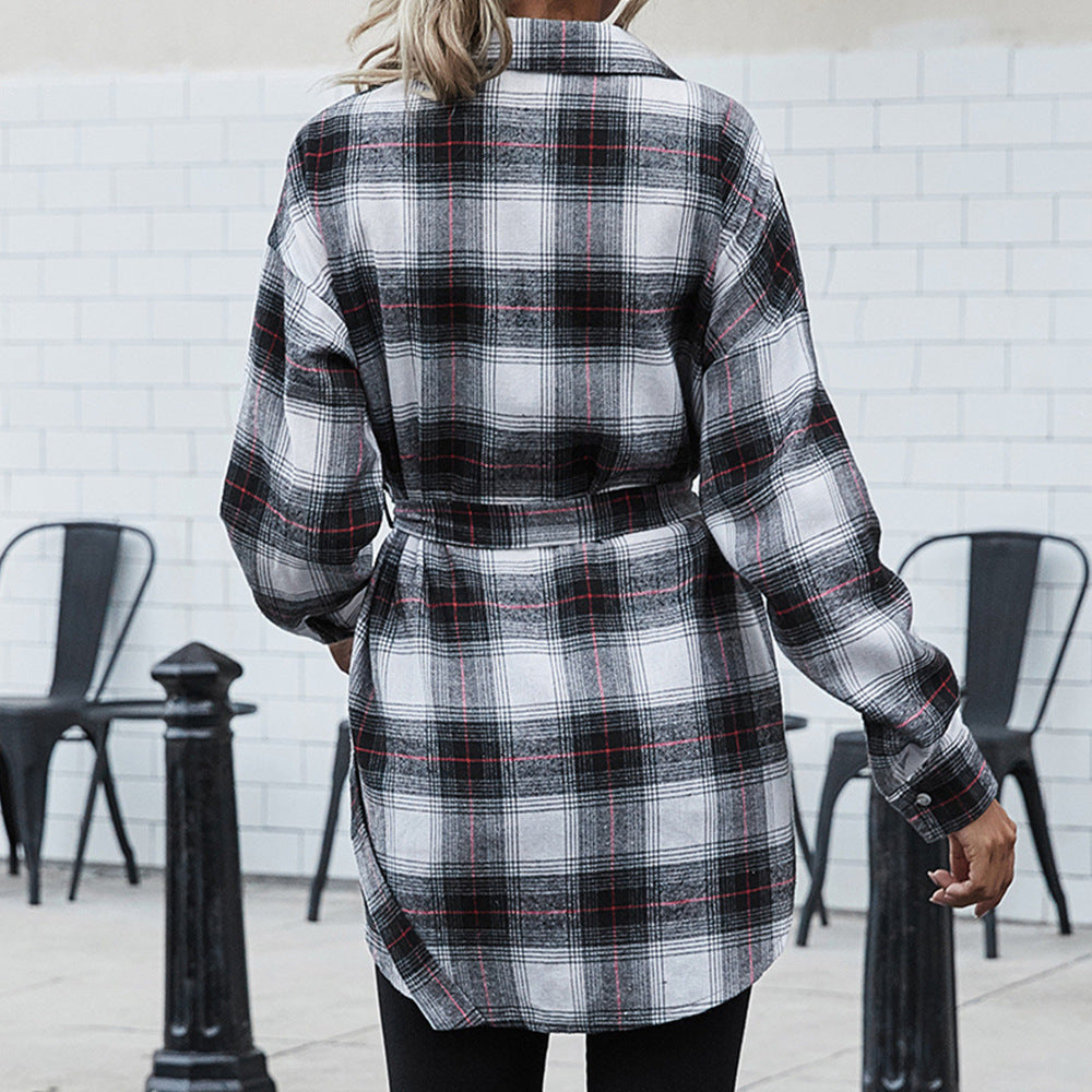 Damen Karo Hemdblusenkleid mit taillierbarem Gürtel und Knopfleiste EB