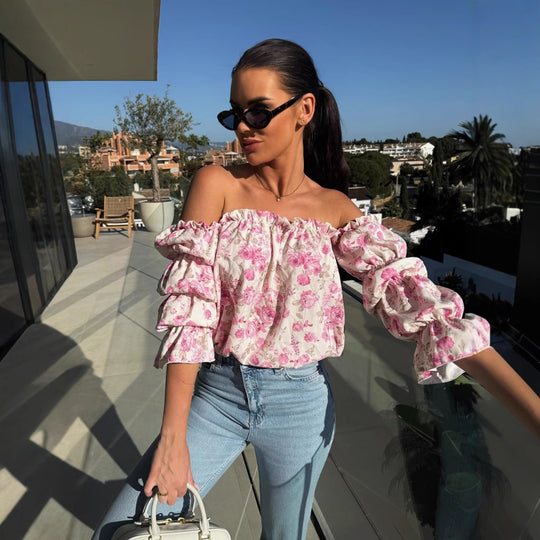 Damen Off-Shoulder Bluse mit Rüschendetails und floralen Mustern EB
