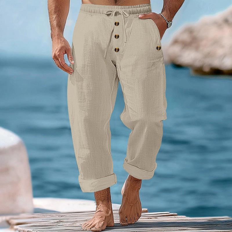 Herren nan lockere Leinen-Baumwoll-Hose mit elastischem Bund, Kordelzug und aufgekrempeltem Saum EB