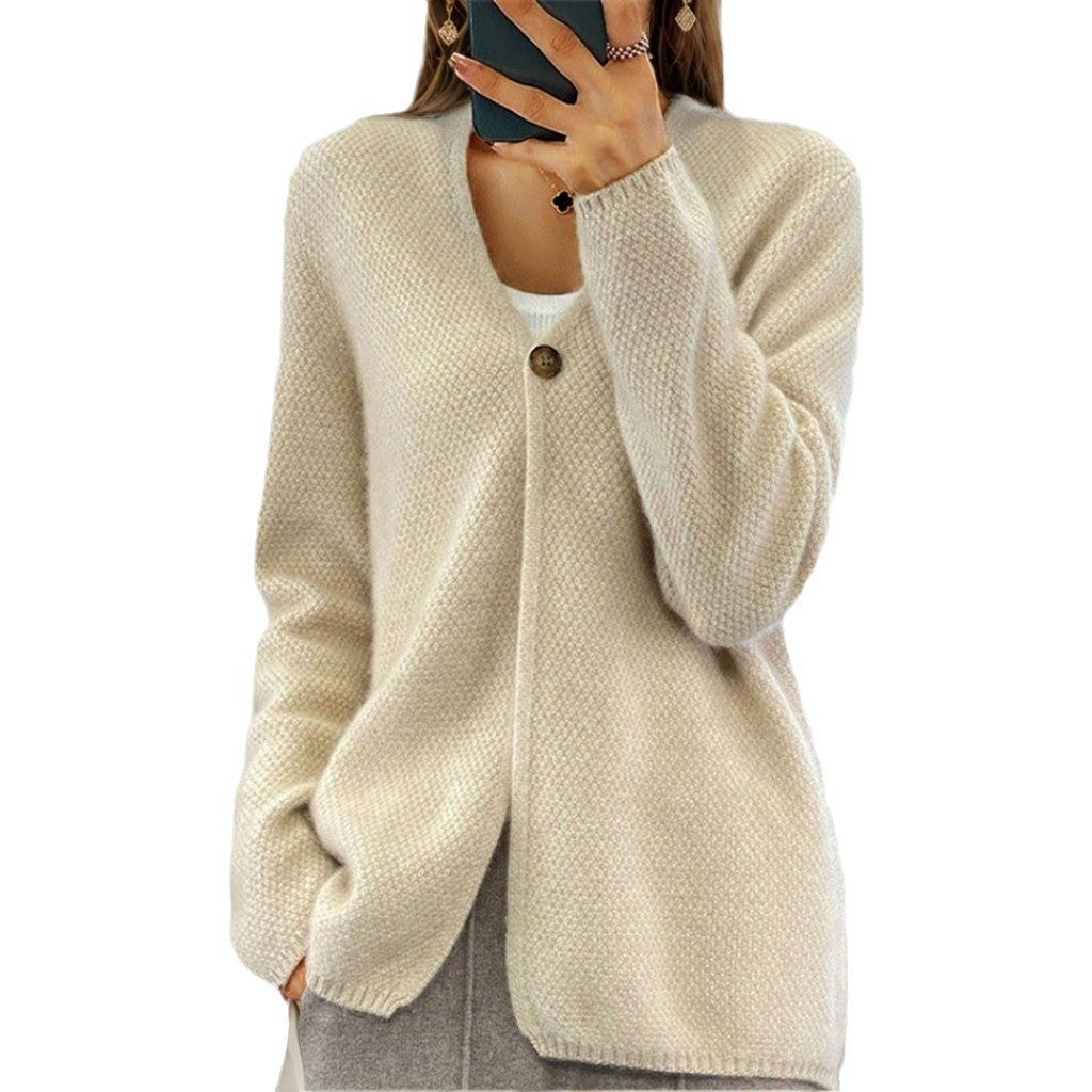 Damen nan kaschmirähnlicher Strukturstrick-Cardigan mit Ein-Knopf-Verschluss und hüftbedeckender Passform EB