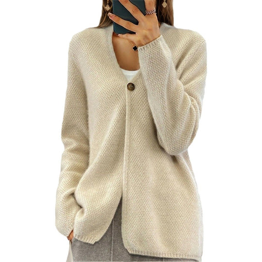 Damen nan kaschmirähnlicher Strukturstrick-Cardigan mit Ein-Knopf-Verschluss und hüftbedeckender Passform EB