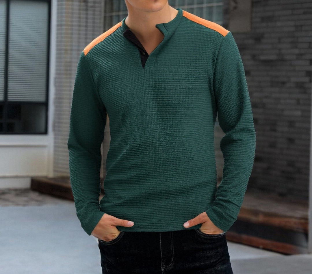 Herren nan strukturiertes Henley-Langarmshirt mit Stehkragen, Schulterpaspel und Waffelstruktur EB