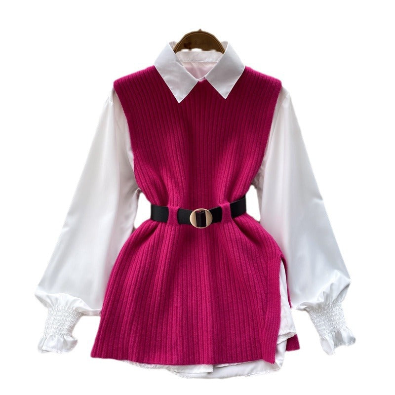 Damen Lagenlook-Bluse mit Rippstrick-Überwurf und Taillengürtel EB