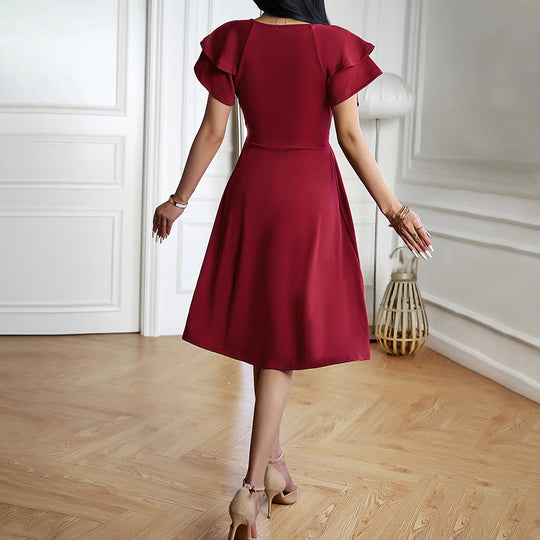 EB | V-Ausschnitt Einfarbig Kurzarmkleid Für Frauen