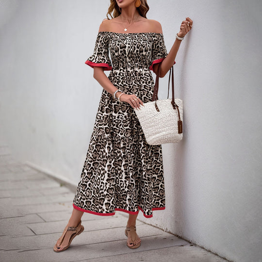 Damen Off-Shoulder Maxikleid mit tierischem Muster und Rüschendetails EB