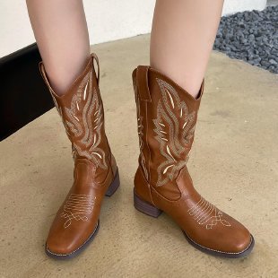Damen Western-Cowboy-Boots mit aufwendiger Stickerei, mittlerer Schafthöhe und robuster Blockabsatz EB