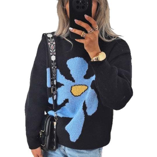 Damen Pullover mit auffälligem Blütenmotiv und lockerer Passform EB
