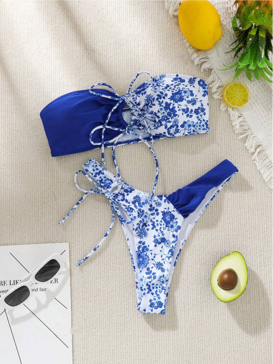Damen Bandeau-Bikini Set mit floralem Design EB