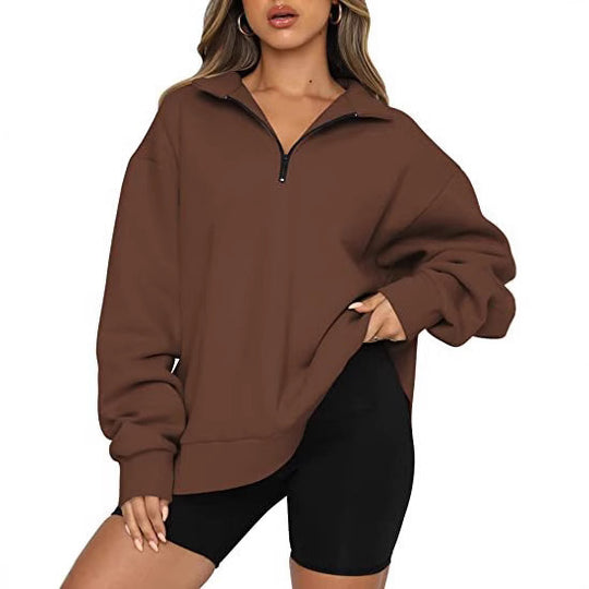 Damen Oversized Pullover mit kurzem Reißverschluss und lässigem Schnitt EB