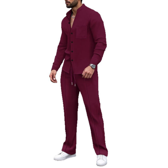 Herren nan lässiges Hemd-Hose Lounge-Set aus strukturiertem Baumwollmischgewebe EB