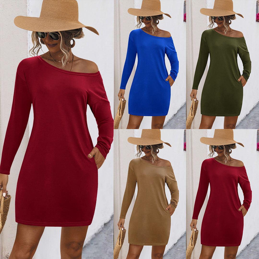 Damen Off-Shoulder Kleid mit langen Ärmeln und seitlichen Taschen EB