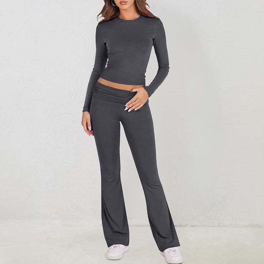Damen nan zweiteiliges Stretch-Lounge-Set mit tailliertem Langarm-Crop-Top und High‑Waist Schlagleggings EB