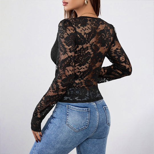 Damen Spitzenbluse mit tiefem V-Ausschnitt und langen Ärmeln EB