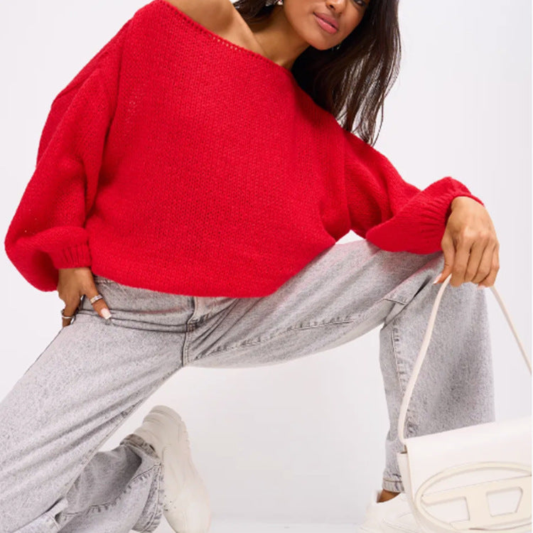 Damen Flauschiger Off-Shoulder Pullover mit überschnittenen Schultern EB