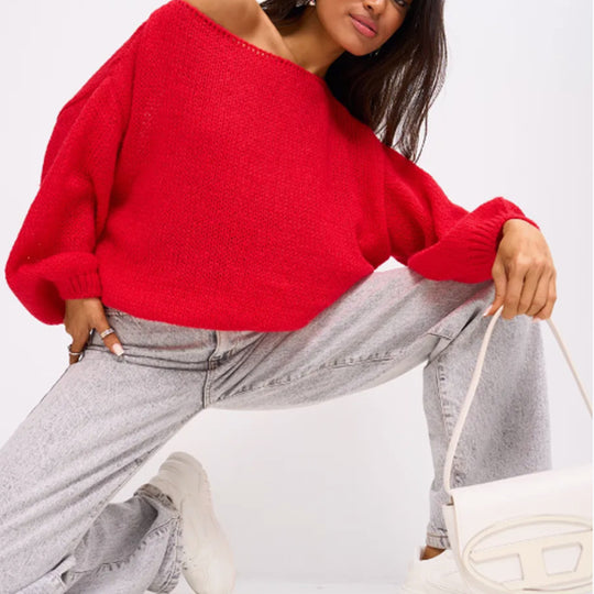 Damen Flauschiger Off-Shoulder Pullover mit überschnittenen Schultern EB