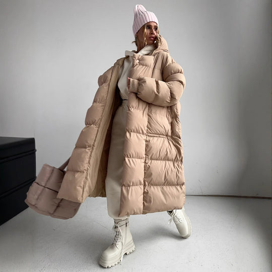 Damen Lange Steppjacke mit Kapuze und praktischem Reißverschluss EB