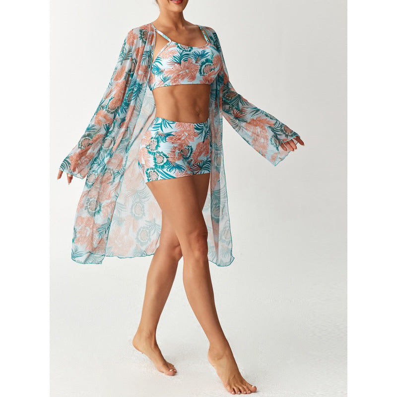 Damen Strandüberwurf mit floralem Design und hohem Schnitt EB