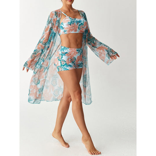 Damen Strandüberwurf mit floralem Design und hohem Schnitt EB