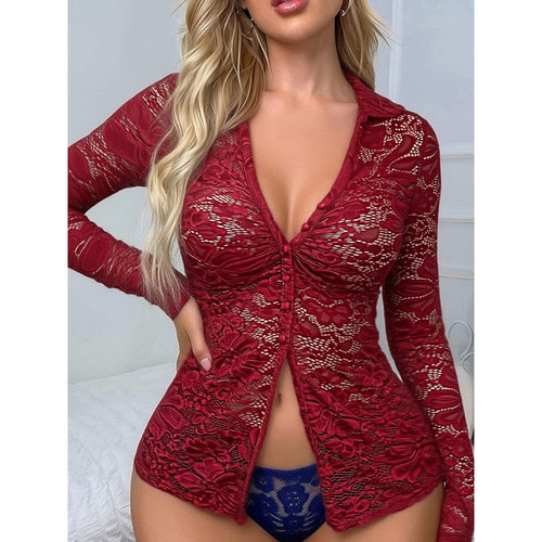 Damen Transparente Spitzenbluse mit knöpfbarem Ausschnitt und langem Arm EB