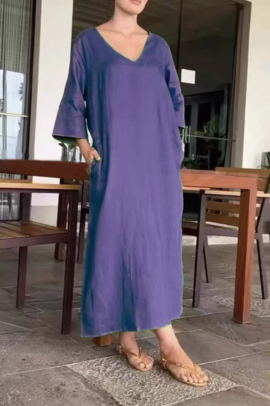 Damen luftiges Maxikleid aus atmungsaktiver Baumwolle mit V-Ausschnitt und praktischen Taschen EB