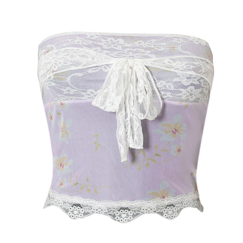 Damen Bandeau-Top mit floralen Details und Spitzenabschluss EB