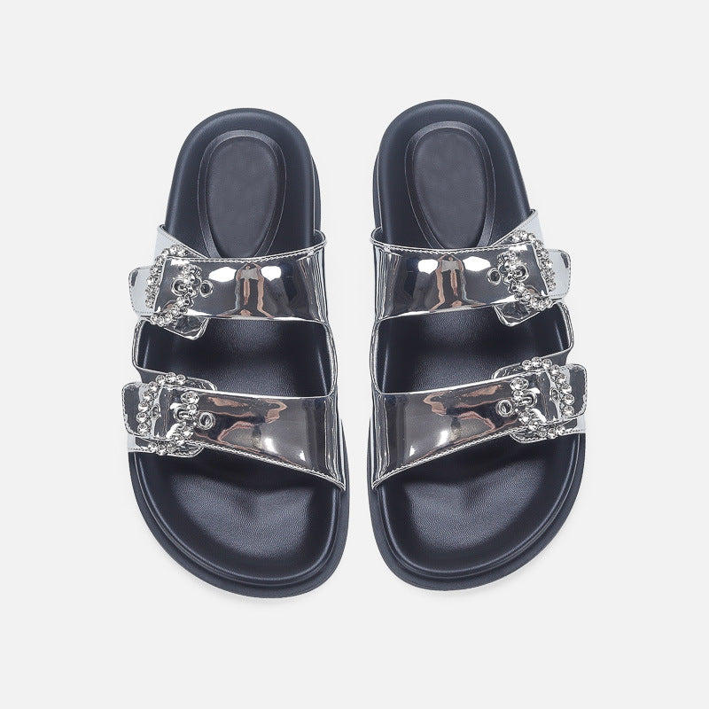 Damen Elegante Sandalen mit glitzernden Riemen und verstellbarem Schnallenverschluss EB