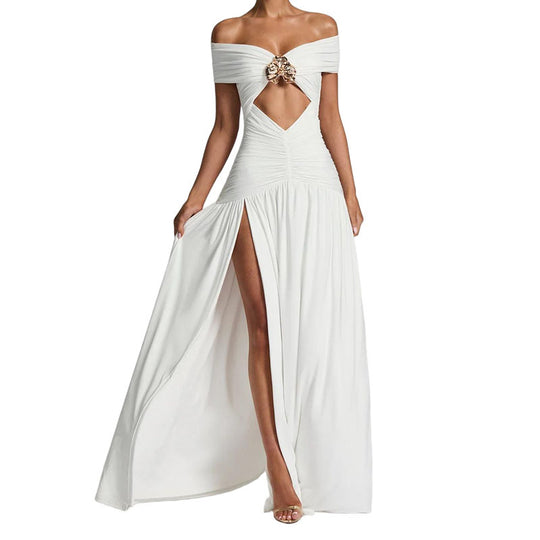 Damen Elegantes Off-Shoulder Maxikleid mit praktischem Cut-Out EB
