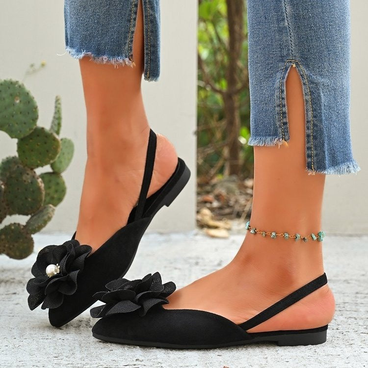 Damen Slingback-Ballerinas mit großer Blumenapplikation und flacher Komfortsohle EB