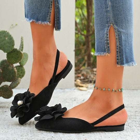 Damen Slingback-Ballerinas mit großer Blumenapplikation und flacher Komfortsohle EB