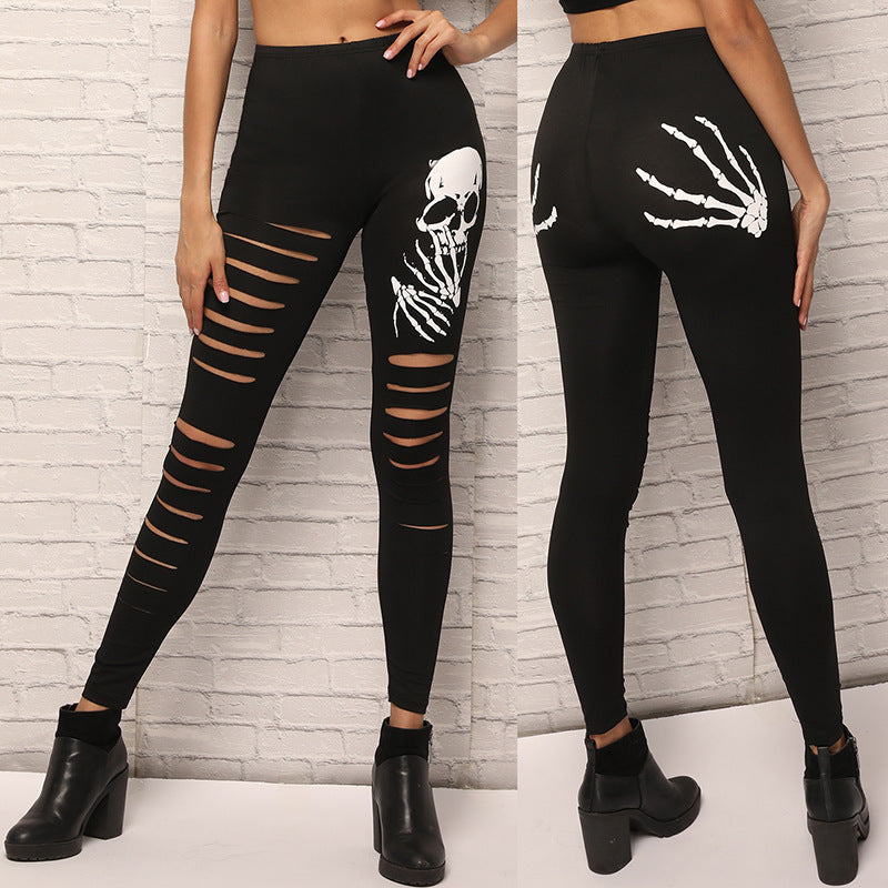 Damen Leggings mit kreativen Cut-Outs und Totenkopf-Design EB