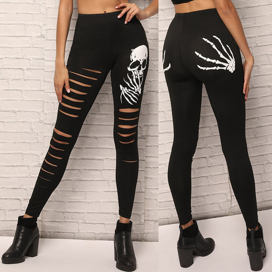 Damen Leggings mit kreativen Cut-Outs und Totenkopf-Design EB