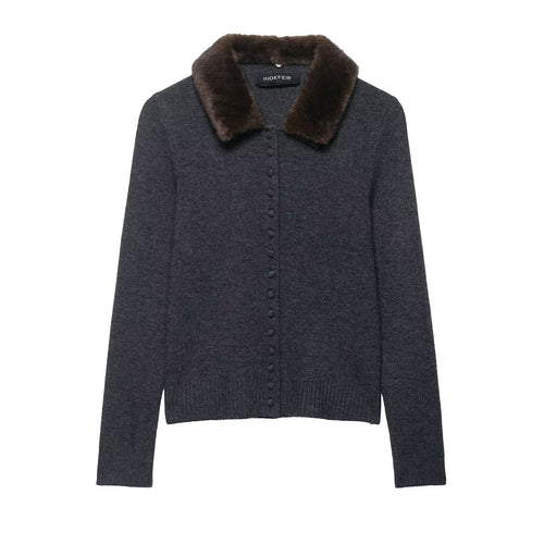 Damen elegante Strickjacke mit abnehmbarem Kragen EB