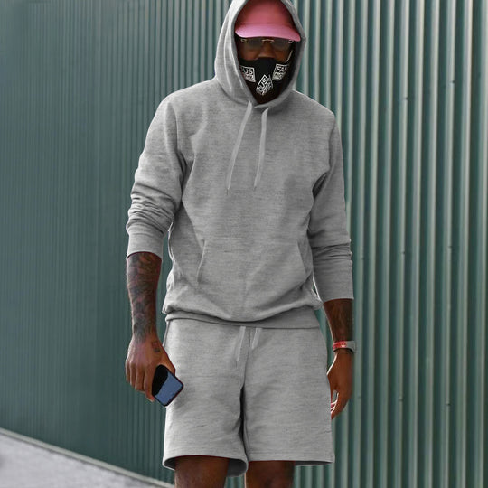 Herren nan zweiteiliges Freizeit-Set Hoodie und Sweatshorts aus French Terry mit Kängurutasche und Tunnelzug EB