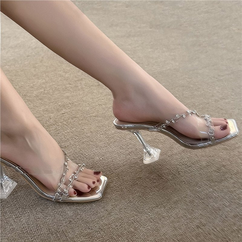 Damen Glamouröse High Heel Sandalen mit transparentem Riemendesign und Strassverzierungen EB