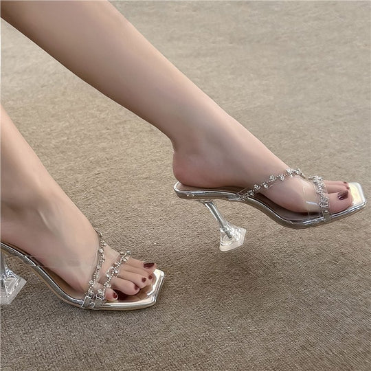 Damen Glamouröse High Heel Sandalen mit transparentem Riemendesign und Strassverzierungen EB