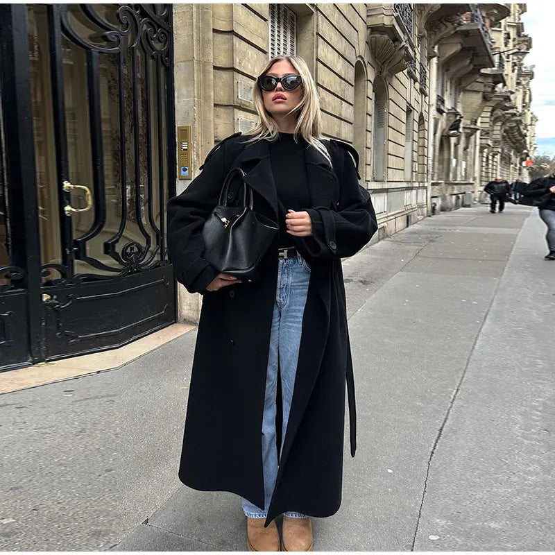 Damen Eleganter Oversized-Trenchcoat mit modischem Gürtel und breiten Ärmeln EB