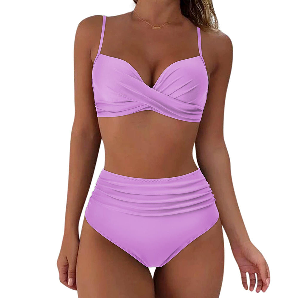 Damen Hochtailliertes Bikini-Set mit floralem Oberteil und gerafftem Höschen EB