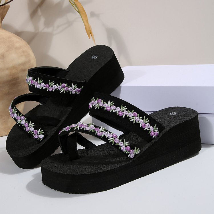 Damen modische Plateau-Pantoletten mit buntem Blumenmuster EB