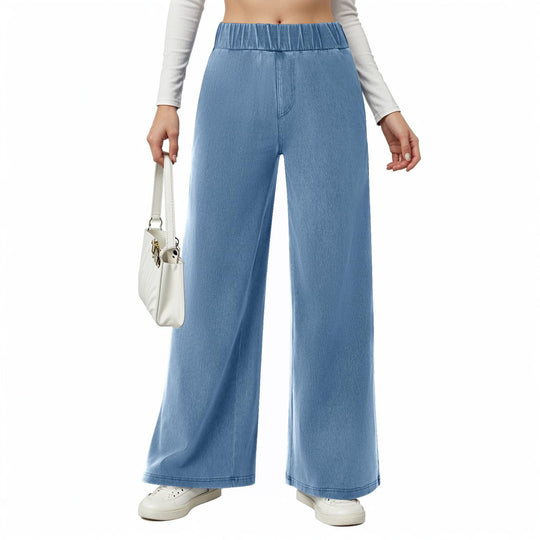 Damen weite Jeanshose mit Elastikbund und seitlichen Taschen EB
