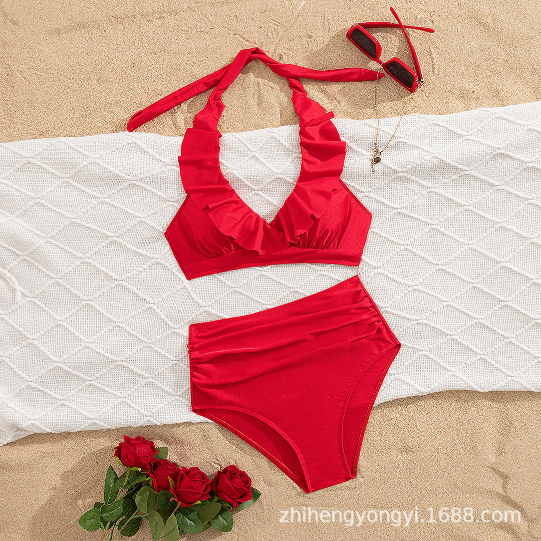 Damen Hoch-waisted Bikini mit voluminösem Rüschendesign EB
