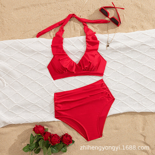 Damen Hoch-waisted Bikini mit voluminösem Rüschendesign EB