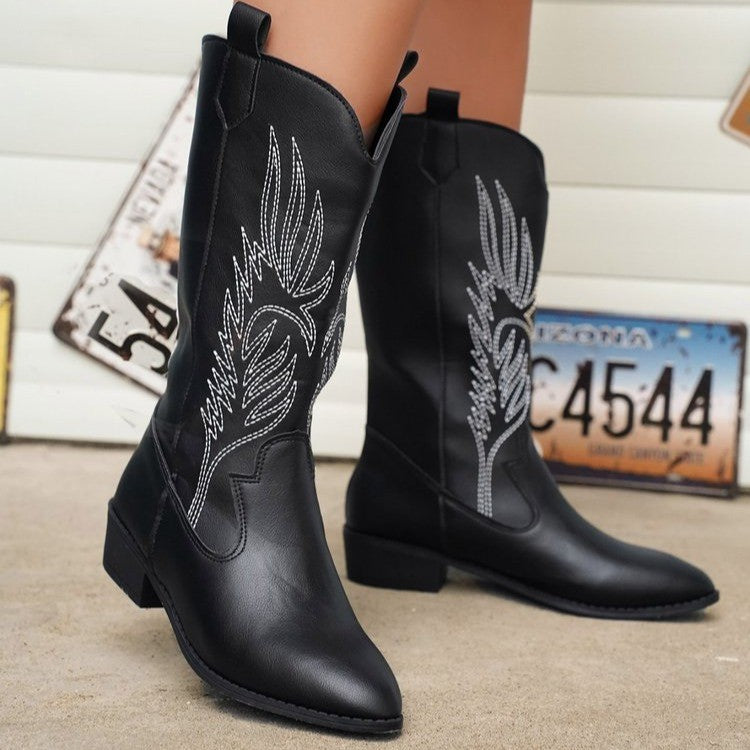 Damen Cowgirl-Kniehoher Stiefel mit dekorativer Stickerei, Pull‑Tabs und komfortablem Blockabsatz EB