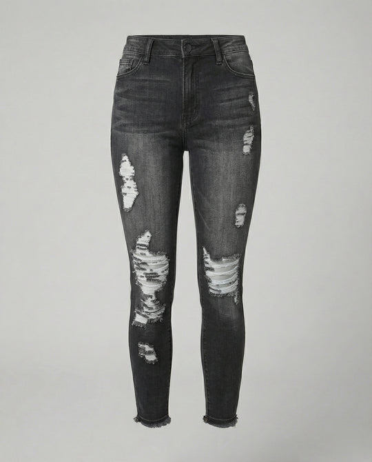Damen figurbetonte Jeans im lässigen Destroyed-Look mit hohem Bund EB