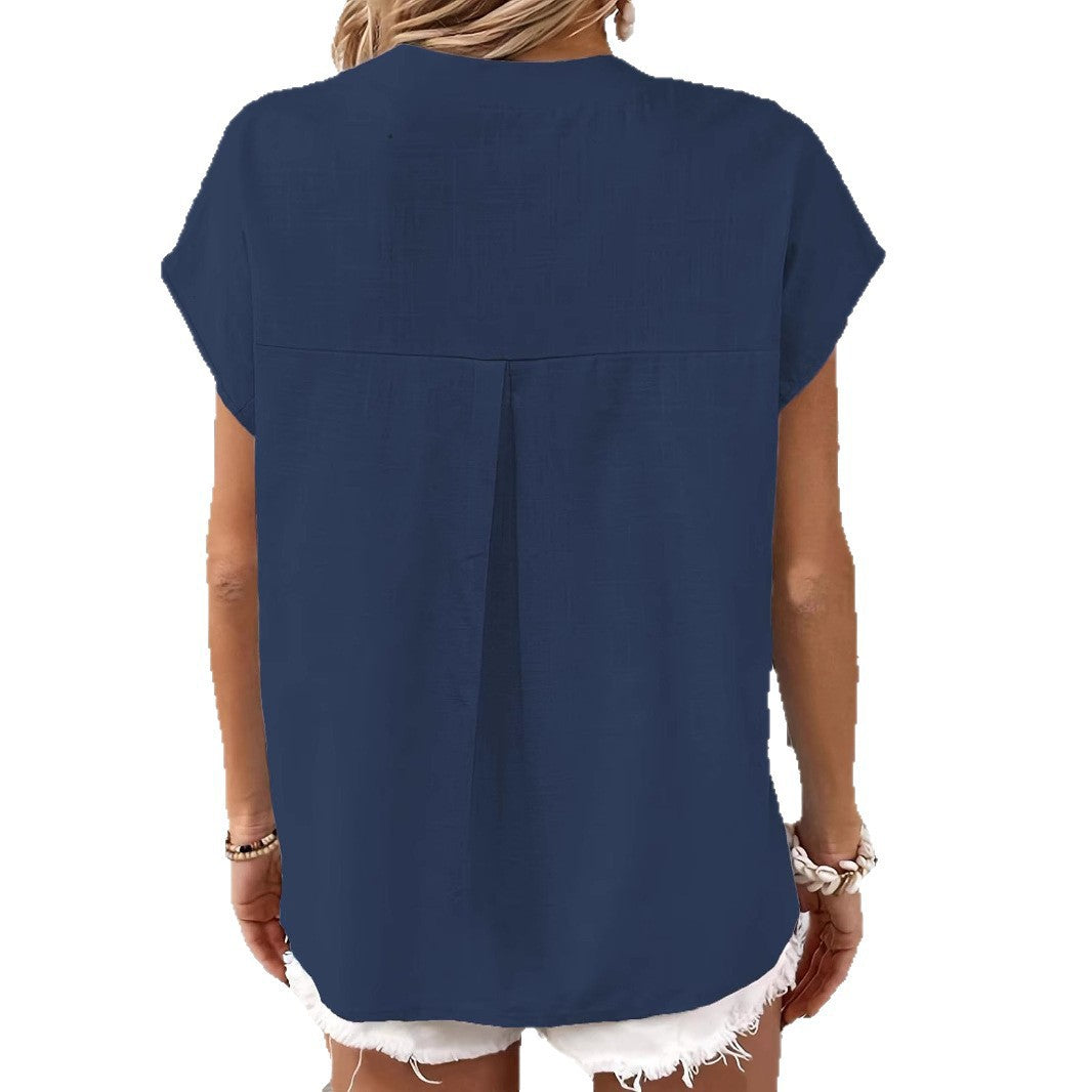 Damen stylisches Kurzarm-Oberteil mit Knopfdetails und trendigem Stehkragen EB