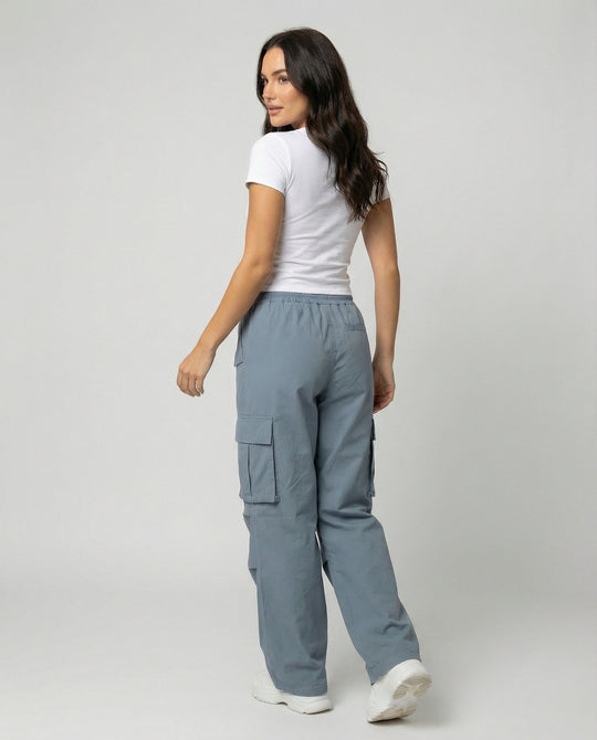 Damen weite Cargo-Hose im Retro-Utility-Stil mit hochgeschnittenem Bund Tunnelzug Mehrfachklappentaschen und verstellbaren Seitenschlaufen EB