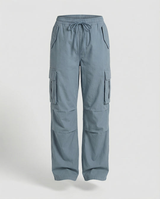 Damen weite Cargo-Hose im Retro-Utility-Stil mit hochgeschnittenem Bund Tunnelzug Mehrfachklappentaschen und verstellbaren Seitenschlaufen EB