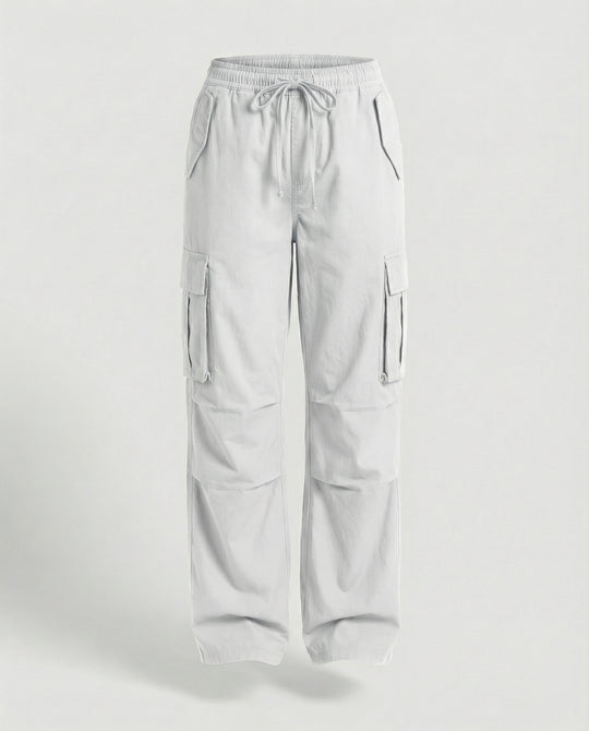 Damen weite Cargo-Hose im Retro-Utility-Stil mit hochgeschnittenem Bund Tunnelzug Mehrfachklappentaschen und verstellbaren Seitenschlaufen EB