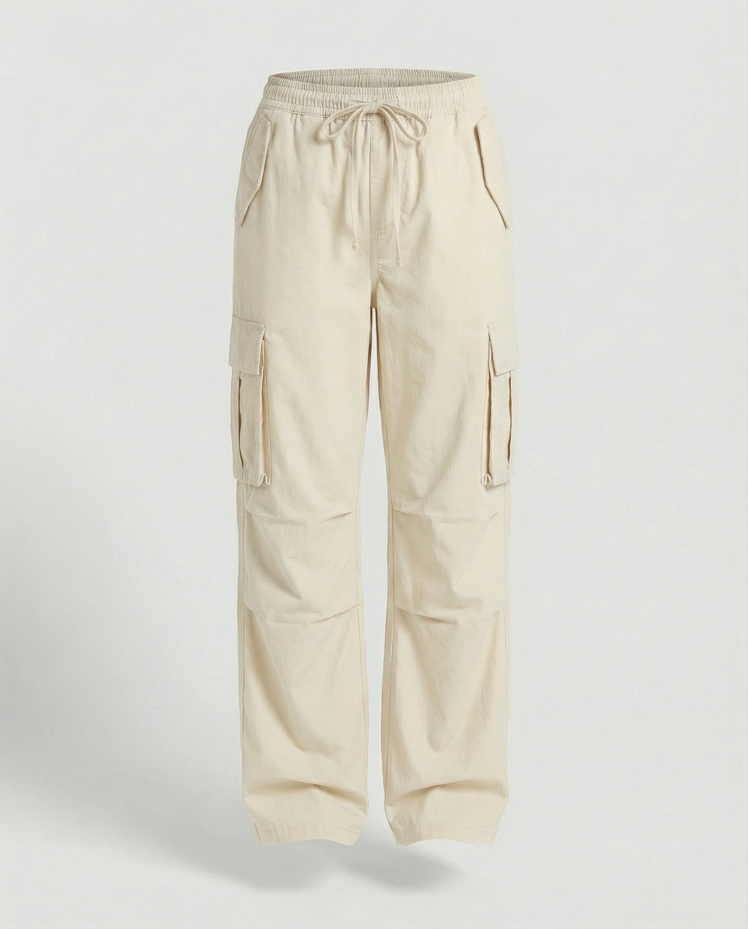 Damen weite Cargo-Hose im Retro-Utility-Stil mit hochgeschnittenem Bund Tunnelzug Mehrfachklappentaschen und verstellbaren Seitenschlaufen EB
